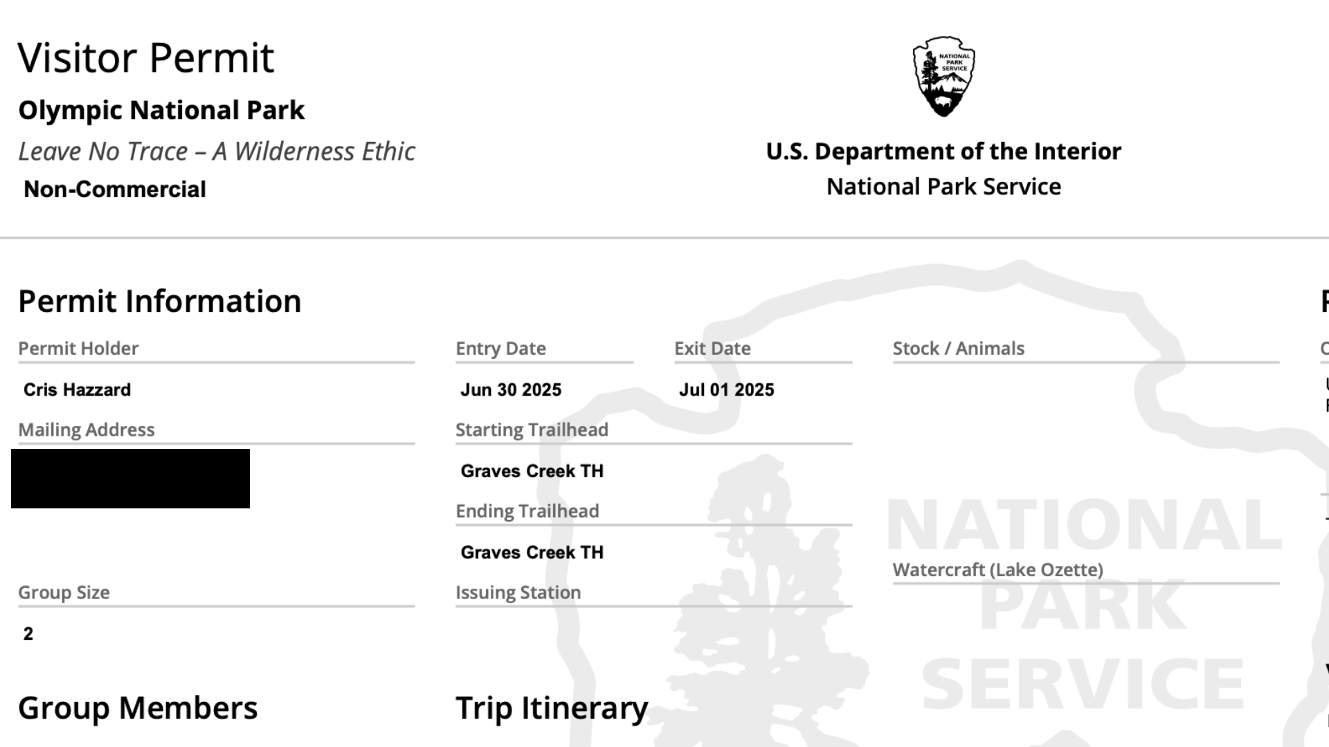 Enchanted Valley Chalet Permit