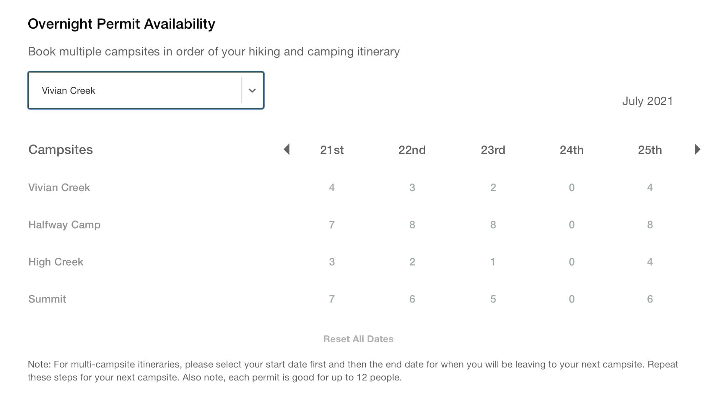 Vivian Creek Camping Permit Options
